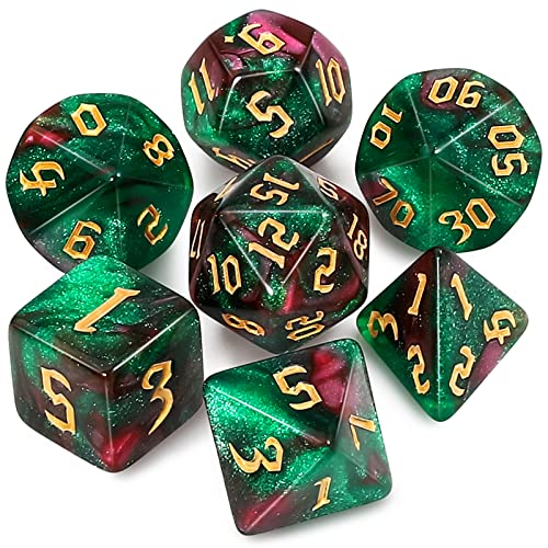 QMAY DND Dice Polyhedral Dice Set - 7 Pieces for Dungeon and Dragons MTG RPG D&D D20, D12, D10, D%, D8, D6, D4 (Grün und Rot + Glitter) von QMay