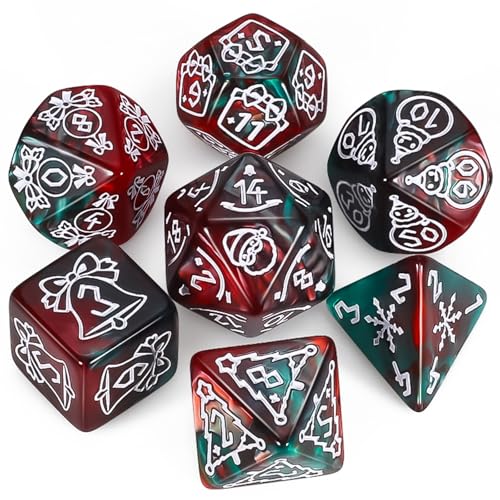 QMAY DND Dice Polyhedral Dice Set - 7 Pieces for Dungeon and Dragons MTG RPG D&D D20, D12, D10, D%, D8, D6, D4 (Rot+Grün Weihnachten) 14+ von QMay