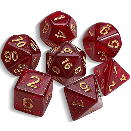 QMAY DND Dice Polyhedral Dice Set - 7 Pieces for Dungeon and Dragons MTG RPG D&D D20, D12, D10, D%, D8, D6, D4 (Rot + Glitter) von QMay