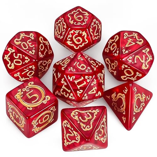 QMAY DND Dice Polyhedral Dice Set - 7 Pieces for Dungeon and Dragons MTG RPG D&D D20, D12, D10, D%, D8, D6, D4 (Rote Drachenmuster) von QMay