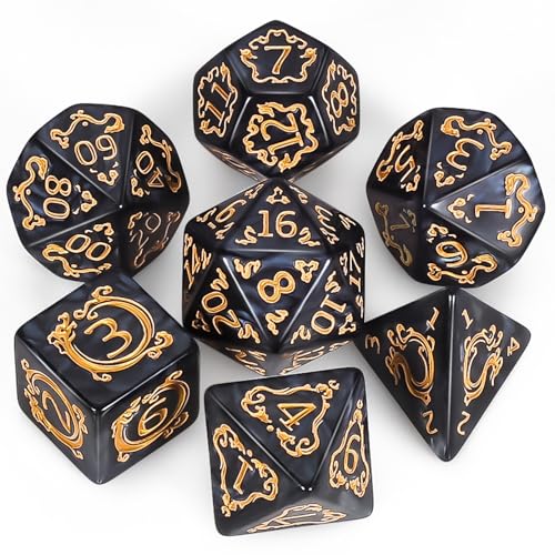 QMAY DND Dice Polyhedral Dice Set - 7 Pieces for Dungeon and Dragons MTG RPG D&D D20, D12, D10, D%, D8, D6, D4 (Schwarzes Drachenmuster) von QMay