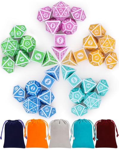 QMAY DND Würfel, 5x7 Set (35 Stück) Vintage Gravur Serie Polyedrische Würfel Set, für Dungeon and Dragons MTG Tischspiele RPG DND D4 D6 D8 D10 D% D12 D20 von QMay