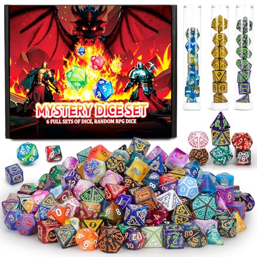 QMAY Mystery Würfel, 6 Set mit 7 Polyedrische Gaming Würfel, DND RPG MTG, Tischspiele D20 D12 D10 D% D8 D6 D4 von QMay