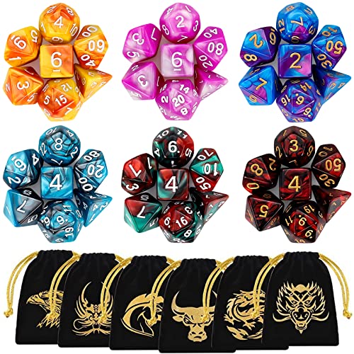 QMAY Polyedrische Würfel, 6 x 7 (42 Stück) Doppel-Farben Tisch Spiel Würfel für Dungeons and Dragons Pathfinder DND RPG MTG, 6 Set von d20, d12, 2 d10 (00-90 und 0-9), d8, d6 und d4 von QMay