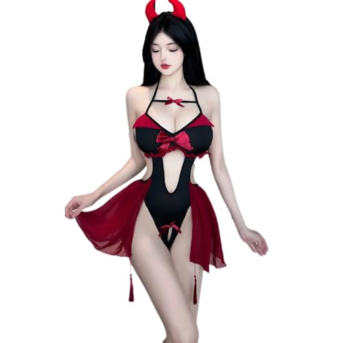 QNCLO Damen Cosplay Bunny Overall mit eng anliegendem hohlen Bikini Japanische DVA Dessous (Schwarz Rot) von QNCLO
