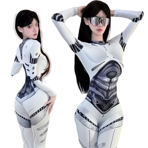 QNCLO Damen-Cosplay-Overall mit Reißverschluss, japanisches Anime-Nachtclub-Performance-Outfit (weiß) von QNCLO