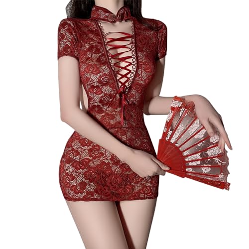 QNCLO Damen-Cosplay-Spitzen-Pyjama mit hohem Schlitz, Cheongsam-Dessous, Party, Club, sexy Aushöhlung, Perspektive-Schlafanzug (Rot 1) von QNCLO