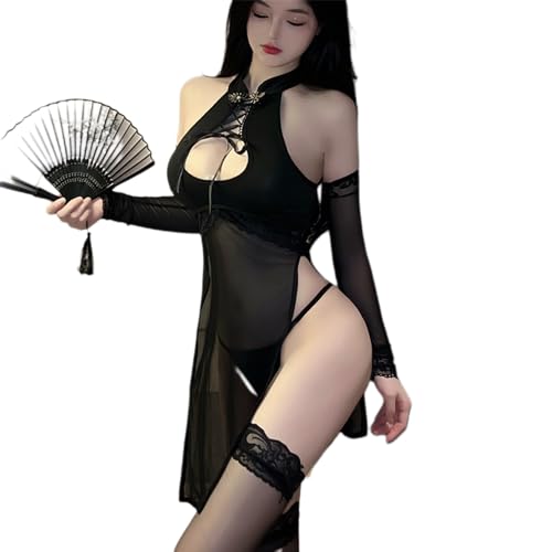 QNCLO Damen Sexy Samt Cheongsam Chinesisches Satin Split Eng Minikleid Unterwäsche (Schwarz 2) von QNCLO
