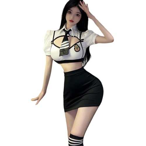 QNCLO Frauen Cosplay Flugbegleiter Unterwäsche Japanische Anime Matrosen Eng anliegende Hüfte Umarmung Rock (Schwarz Weiß) von QNCLO
