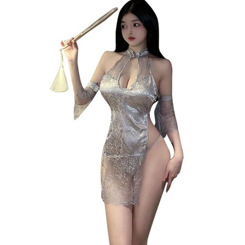 QNCLO Frauen Cosplay Rollenspiel Unterwäsche Hängender Hals Hohl Qipao Kleid Cheongsam Unterwäsche (Grau) von QNCLO
