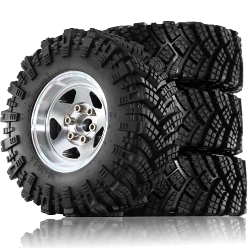 QOAKSDY RC Auto Reifen Für TRX4 D90 D110 Für Axial Für SCX10 Für MST 1/10 RC Crawler Auto 98 Mm 1,9 Zoll Metall Beadlock Felge Gummireifen Set(Silver) von QOAKSDY