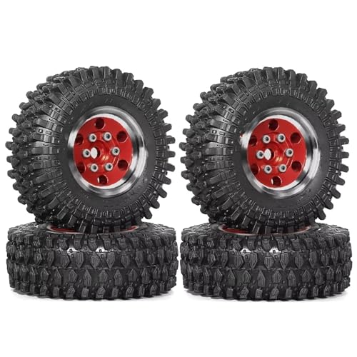 QOAKSDY RC Auto Reifen Für TRX4M Für SCX24 AX24 Für FCX24 1/18 1/24 RC Crawler Autoteile Zubehör 55 Mm 1,0 Zoll Metall-Beadlock-Rad-Reifen-Set(Red) von QOAKSDY