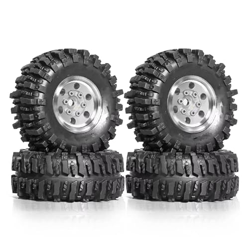 QOAKSDY RC Auto Reifen Für TRX4M Für SCX24 AX24 Für FCX24 1/18 1/24 RC Crawler Car Upgrade-Teile Zubehör 55 Mm 1,0 Zoll Metall-Beadlock-Rad-Reifen-Set(Silver) von QOAKSDY