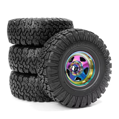 RC Auto Reifen Für Traxxas Für TRX4 D90 D110 Für Axial Für SCX10 1/10 RC Crawler Car 4 Stück 115 Mm 1,9 Zoll Metall-Beadlock-Radfelgen-Gummireifen-Set(Colorful) von QOAKSDY