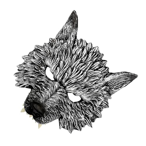 QOKLIYUI Wolf Maske, Halloween, Cosplay, Maskerade, Tiermasken, stechen hervor und stechen aus der Menge, Festivals, PU Maske, Cosplay, Karneval, Silber von QOKLIYUI