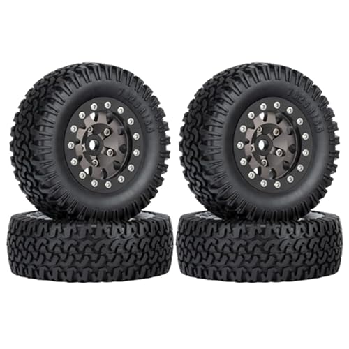 QPAJWAKS 4 STK. 76 mm 1,55 Metall-Beadlock-Felgen-Reifen-Set for 1/10 RC Crawler Car Axial Yeti Jr RC4WD D90, Titanschwarzer Rand von QPAJWAKS