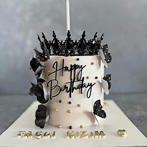 Tortenaufsatz "Happy Birthday", goldfarben, verspiegelt, Acryl, für Jungen oder Mädchen, Kuchenschild, Dekoration, Geburtstagskuchen-Charm-Zubehör für Geburtstagsparty, Kuchen, Dessert (schwarz), 1 von QPARTYFIRE