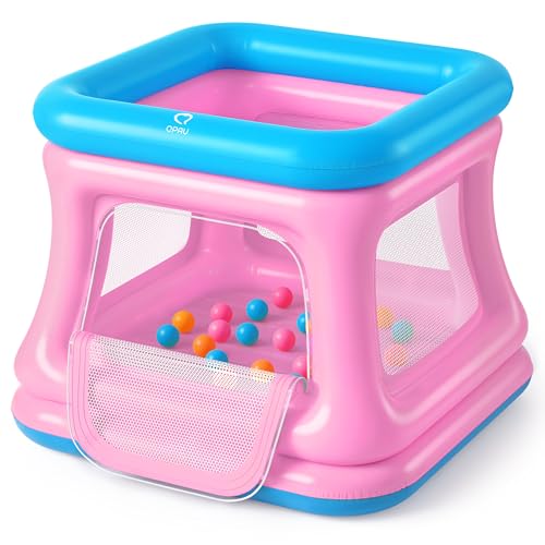 QPAU 3-in-1 aufblasbares Hüpfhaus für Kleinkinder 1-3, Bällebad & Trampolin, aufblasbares Hüpfhaus mit Sicherheitsnetz, Innen- und Außenbereich, Bubble Bouncer, Baby-Spielhof (Blau & Pink) von QPAU