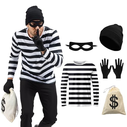QPAXUCR Räuber-Kostüm-Set, schwarz-weiß gestreiftes T-Shirt mit Maske, Handschuhen, Tasche, Beanie-Mütze für Halloween, Größe XL, 5-teilig von QPAXUCR