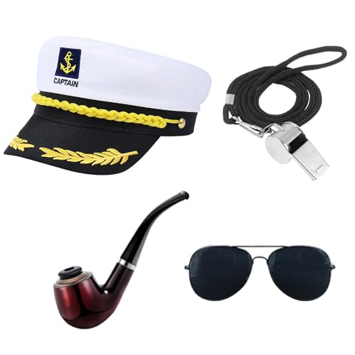 QPCOS Yachtkapitän Hut Kostüm Zubehör Set Matrosenhut mit Captain Prop & Fliegerbrille (A, Medium) von QPCOS