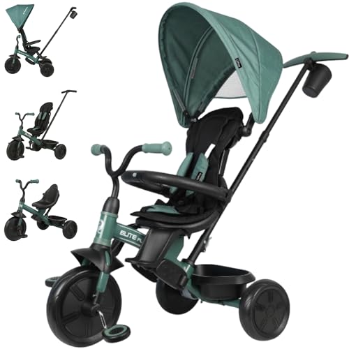 Qplay Elite Platinum 6 in 1 mitwachsendes Dreirad mit 360° drehbarem Sitz für Kinder von 10-36 Monaten - Kindersicherung, XL-Verdeck, Fußstütze und Metallgestell - Grau, Grün und Rosa (Grün) von QPLAY