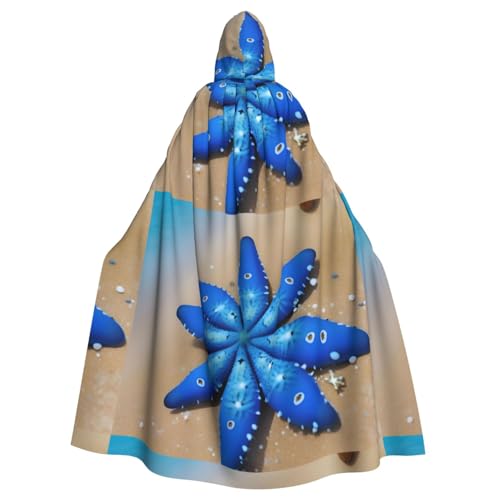 qqoupp Blaue Blume mit Seestern am Strand, Halloween-Umhang für Erwachsene, Kapuzenumhang mit Fliege, ohne Reißverschluss von QQOUPP