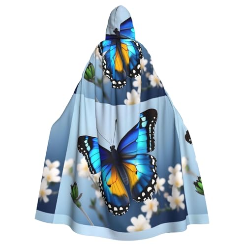 qqoupp Blauer Schmetterling auf Blüte und Blumendruck, Halloween, Erwachsenen-Kapuzenumhang mit Fliege, ohne Reißverschluss qqoupp Blauer Schmetterling auf Blüte und Blumendruck, Halloween, Erwachsenen-Kapuzenumhang mit Fliege, ohne Reißverschluss von QQOUPP