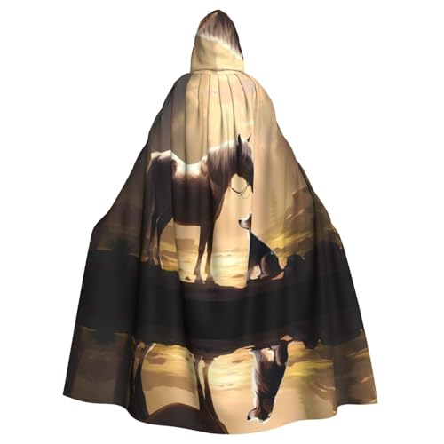 qqoupp Horse Meets Dog Prints Halloween Kapuzenumhang für Erwachsene, super großer Kapuzenumhang mit Fliege, ohne Reißverschluss von QQOUPP