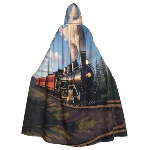 qqoupp Kapuzenumhang mit Dampflokomotive und Zugdruck, Halloween, Erwachsene, super großer Kapuzenumhang mit Fliege, ohne Reißverschluss von QQOUPP
