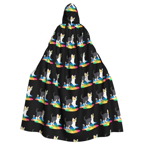 qqoupp Kapuzenumhang mit Kätzchen, Regenbogen-Fußabdrücke, Halloween, Erwachsene, super großer Kapuzenumhang mit Fliege, ohne Reißverschluss von QQOUPP