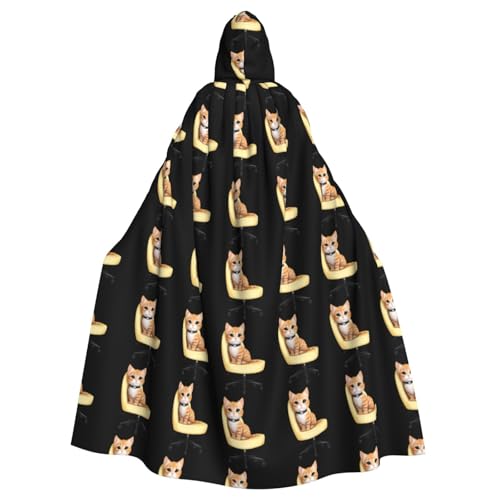 qqoupp Kapuzenumhang mit kleiner Katze auf dem Drehstuhl, bedruckt für Halloween, Erwachsene, super großer Kapuzenumhang mit Fliege, ohne Reißverschluss von QQOUPP