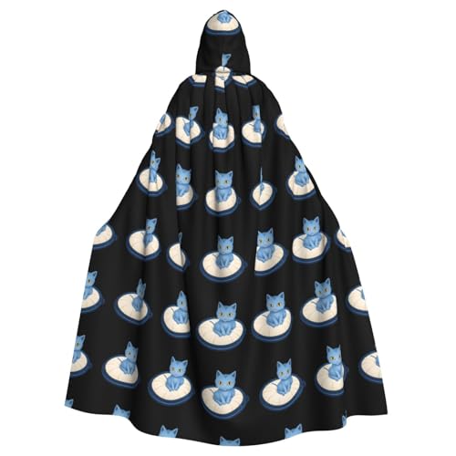 qqoupp Kapuzenumhang mit kleiner blauer Katze auf dem Kissen, bedruckt für Halloween, Erwachsene, super großer Kapuzenumhang mit Fliege, ohne Reißverschluss von QQOUPP