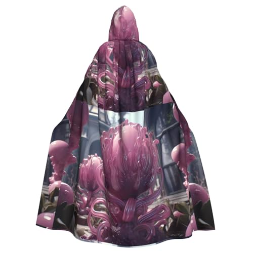qqoupp Lila und blaue Blumendrucke, Halloween-Umhang für Erwachsene, Kapuzenumhang mit Fliege, ohne Reißverschluss von QQOUPP