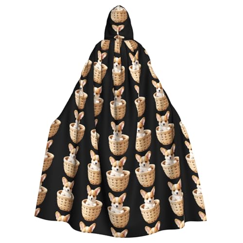 qqoupp Little Corgi in a woven basket Prints Halloween Adult Hooded Cape Super Large Hooded Cloak with Bow Tie, No Zipper von QQOUPP