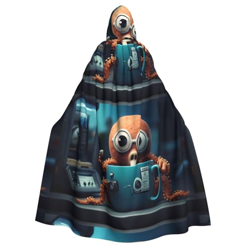 qqoupp Oktopus-Kaffeetassen-Druck, Halloween, Erwachsenen-Kapuzenumhang, super großer Kapuzenumhang mit Fliege, ohne Reißverschluss von QQOUPP