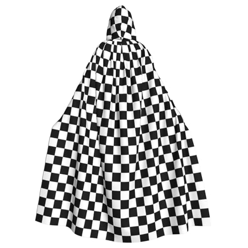 qqoupp Schwarz-weiß karierter Halloween-Umhang für Erwachsene, Kapuzenumhang mit Fliege, ohne Reißverschluss von QQOUPP
