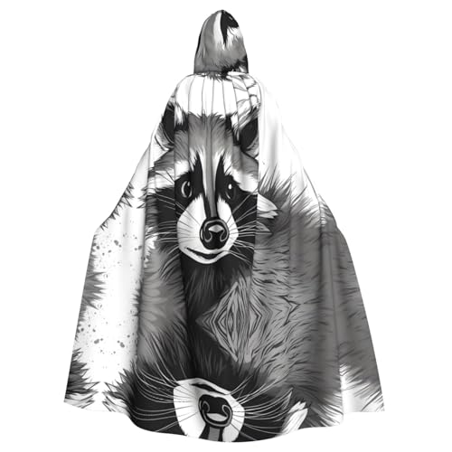 qqoupp Süßer Waschbär-Aufdruck, Halloween-Umhang für Erwachsene, Kapuzenumhang mit Fliege, ohne Reißverschluss von QQOUPP