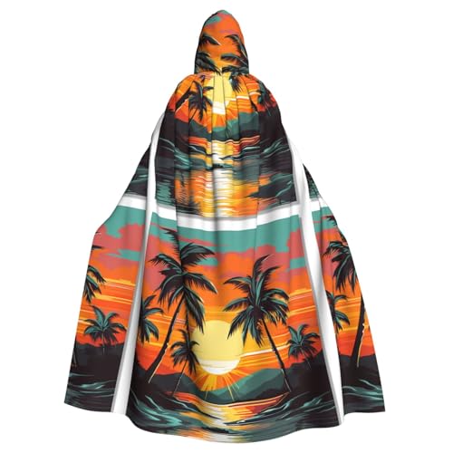 qqoupp Tropischer Strandumhang mit Palme, Sonnenuntergang, Halloween, Erwachsene, Kapuzenumhang mit Fliege, ohne Reißverschluss von QQOUPP