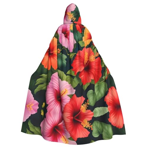 qqoupp Wunderschöner Hibiskusblumen-Aufdruck, Halloween-Umhang für Erwachsene, super großer Kapuzenumhang mit Fliege, ohne Reißverschluss von QQOUPP