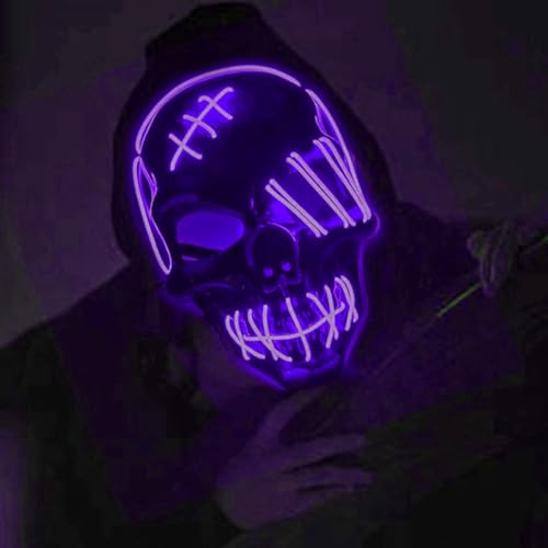 QQY Halloween Maske, LED Reinigungsmaske Beleuchtung Maske, Halloween Weihnachten Karneval Party Horrormaske mit 3 Beleuchtungsmodi (Lila-2) von QQY