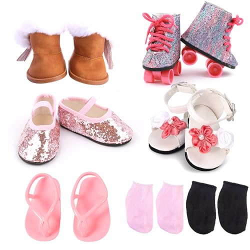 45,7 cm Puppenschuhe-Set, 5 Paar Puppenschuhe+2 Socken, 45,7 cm Puppenschuhe, Zubehör, inklusive Schneestiefel/Rollschuhe/Sandalen/Flip-Flops/Tanzschuhe/Rosa/Schwarz Socken für American Doll Boy or 45,7 cm Puppenschuhe-Set, 5 Paar Puppenschuhe+2 Socken, 45,7 cm Puppenschuhe, Zubehör, inklusive Schneestiefel/Rollschuhe/Sandalen/Flip-Flops/Tanzschuhe/Rosa/Schwarz Socken für American Doll Boy or von QSKJJI