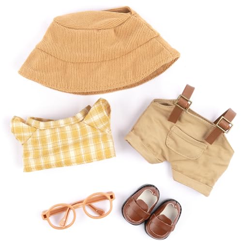 Kleidung für Labubu, 5-teiliges Set Puppenkleidung 17 cm Puppen-Outfits, niedliches Zubehör für La Bubu-Puppe, inklusive Puppenschuhe, Puppenhut, kariertes T-Shirt, Latzhose, Brille, Kleidungsset von QSKJJI