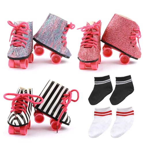Puppenschuhe-Set, 45,7 cm, 3 Paar Puppen-Rollschuhe + 2 Paar Socken, 45,7 cm großes amerikanisches Puppenzubehör, passend für 45,7 cm große Mädchenpuppen Puppenschuhe-Set, 45,7 cm, 3 Paar Puppen-Rollschuhe + 2 Paar Socken, 45,7 cm großes amerikanisches Puppenzubehör, passend für 45,7 cm große Mädchenpuppen von QSKJJI