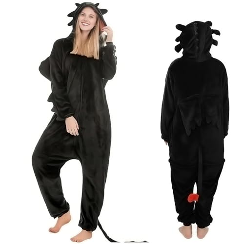 QSLWcos Drachen-Einteiler, Erwachsenen-Pyjama, Kostüm, schwarzer Anime-Overall, Plüsch-PJS, Halloween, Tier, Flanell, Cosplay-Outfits für Damen von QSLWcos