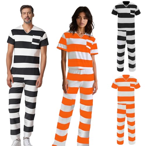 QSLWcos Gefangenenkostüm für Herren und Damen, gestreiftes Gefängnisinsassen-Outfits, T-Shirt und Hose, Polizistenkostüm für Halloween, Cosplay, Größe S, 4 Stück QSLWcos Gefangenenkostüm für Herren und Damen, gestreiftes Gefängnisinsassen-Outfits, T-Shirt und Hose, Polizistenkostüm für Halloween, Cosplay, Größe S, 4 Stück von QSLWcos