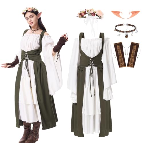 QSLWcos Renaissance-Elfenkleid für Damen, mittelalterliches Kostüm mit Kranz, Halskette, Halloween, viktorianisches Cosplay-Outfit, 5-teilig, Blau, XL von QSLWcos