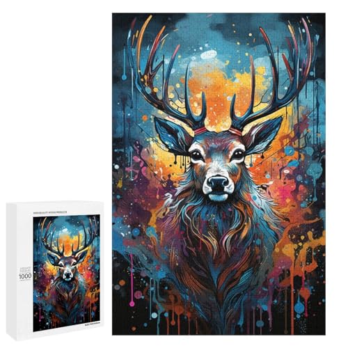 1000 Teile Buntes psychedelisches Hirsch Tier Puzzlespiel für Erwachsene geeignet für Paare und Teenager ab 14 Jahren 75 x 50 cm von QSYFNBZL