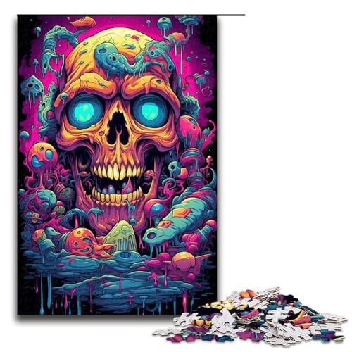1000 Teile Buntes psychedelisches Neon Totenkopf Puzzle für Erwachsene. Unmögliches Puzzle zum Stressabbau für Teenager ab 14 Jahren. 75 x 50 cm von QSYFNBZL