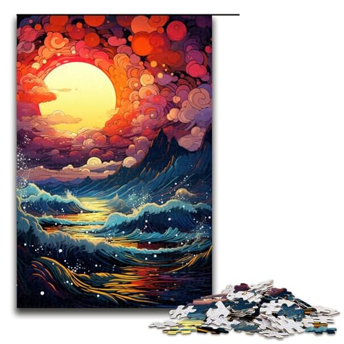 1000 Teile Buntes psychedelisches Sonnenuntergangswellen Puzzle für Erwachsene. Unmögliches Puzzle zum Stressabbau für Teenager ab 14 Jahren. 75 x 50 cm von QSYFNBZL