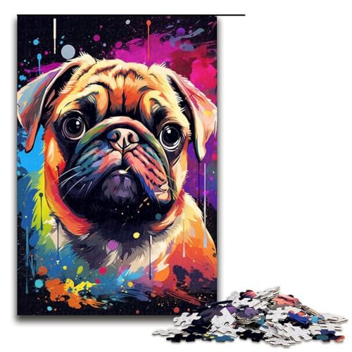 1000 teiliges Puzzle Baby Mops ist von Spritzern umgeben mit vielen bunten Motiven für Erwachsene Holzpuzzle Familienspiele 75 x 50 cm von QSYFNBZL